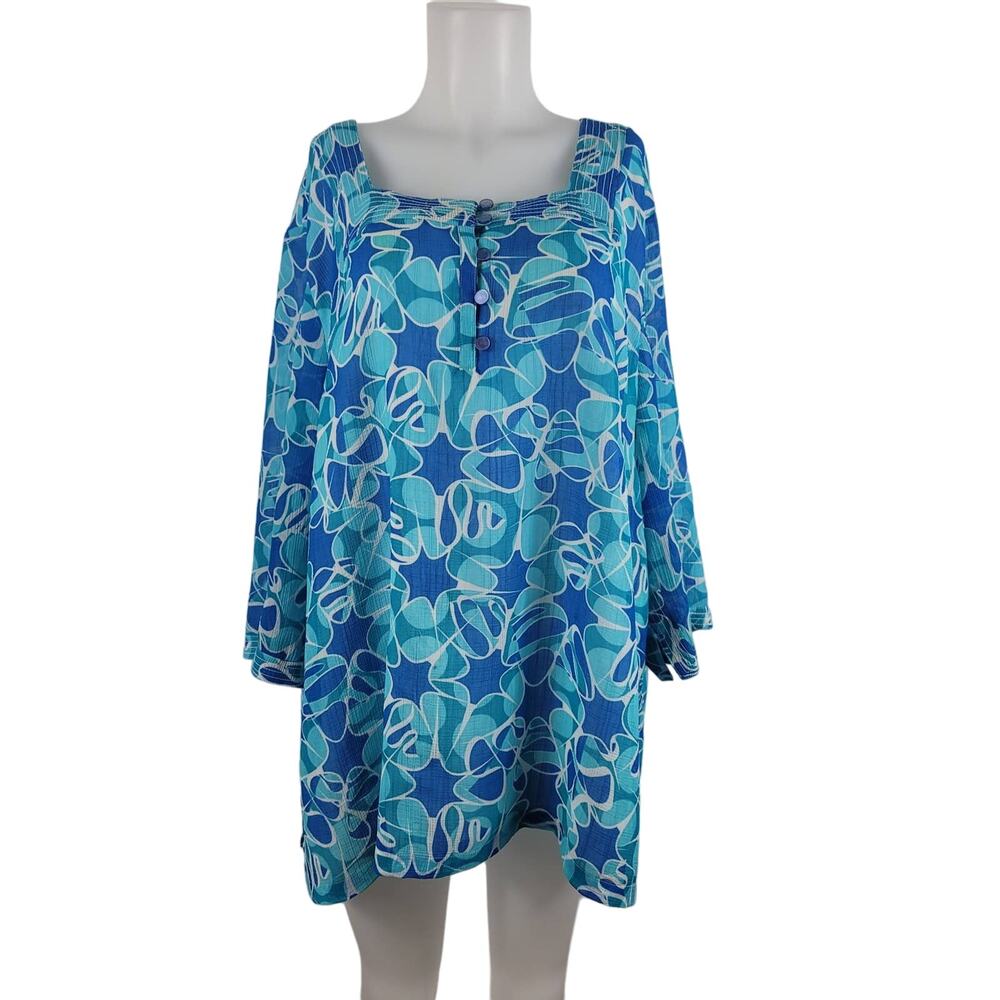 Maggie Barnes Blue Teal White Summer Fall Spring Blouse 2X